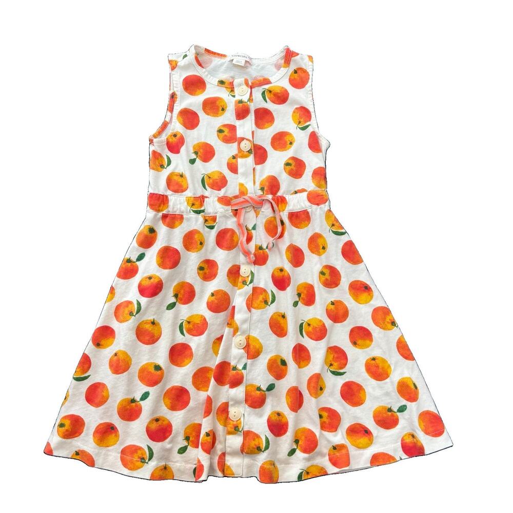 Crewcuts Sleeveless Dress Orange Fruit Print Button Front Drawstring Cotton Sz 5